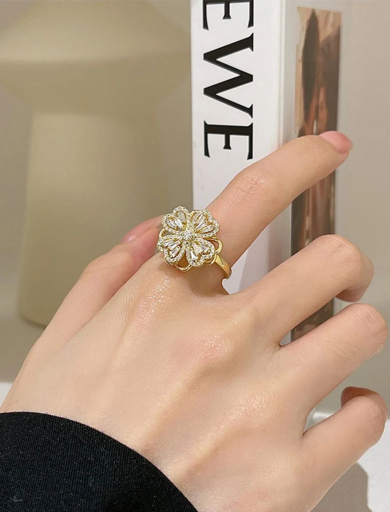 Four Leaf Heart Shape Adjustable Rotating Ring